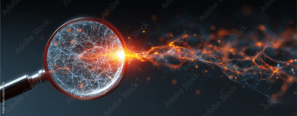 Poster focused inspection: a magnifying glass intently examines an abstract web of interconnected neural ne