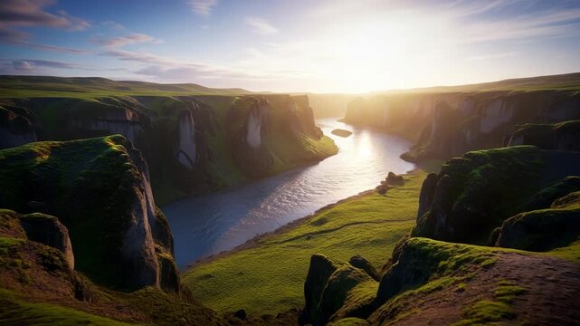 Aerial view showcasing a tranquil river flowing through a vibrant green valley at sunrise.