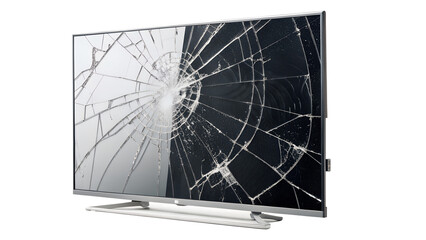 A broken television screen with cracks and shattered glass is isolated on a transparent background, emphasizing the damage and need for repair
