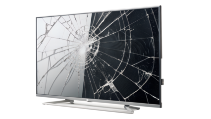 A broken television screen with cracks and shattered glass is isolated on a transparent background, emphasizing the damage and need for repair