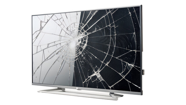 A broken television screen with cracks and shattered glass is isolated on a transparent background, emphasizing the damage and need for repair