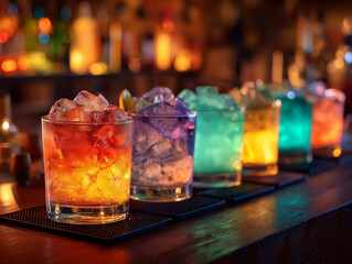 glasses of colorful alcoholic cocktail drinks in a bar setting