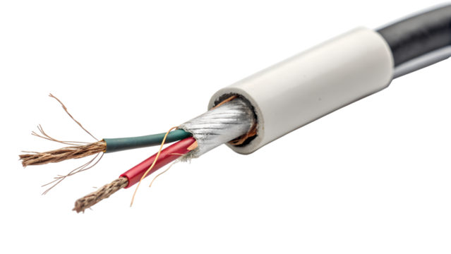 A closeup of a cut electrical cable with exposed wires and shielding, isolated on transparent background