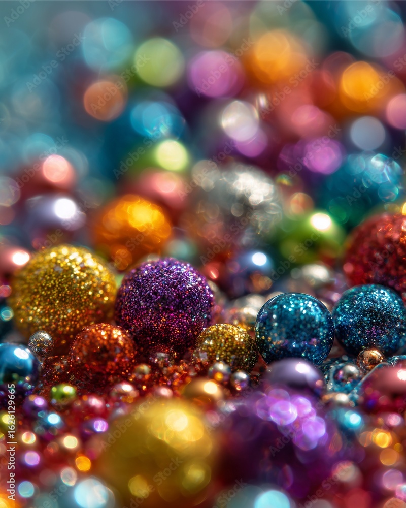 Poster glittering orb extravaganza: an eye-level view of an array of dazzling, multi-colored, sparkling sph