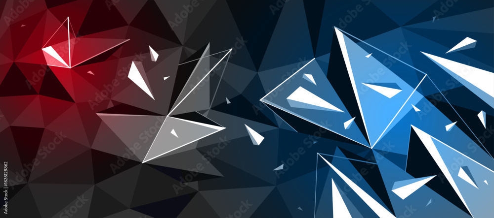 Poster dark black polygonal abstract background with color hot spotlights, 3d triangular surface and flying