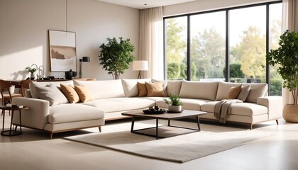 Sunlit living room with large sectional sofa, coffee table, and potted plants