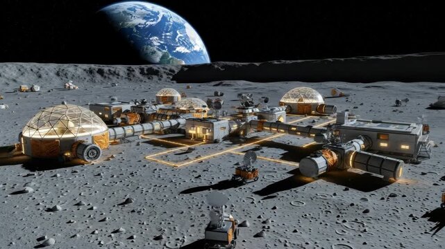 Futuristic lunar base with glowing biodomes and interconnected modules in a large crater.
