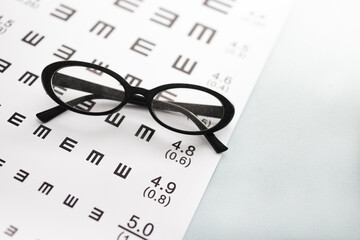 Eye chart test and eyeglasses on white background. Ophthalmologist tools. 