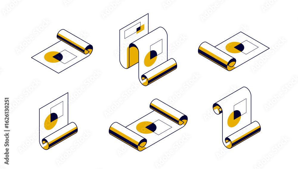 Poster engineering project concept set, paper document blueprint engineer work job vector 3d isometric illu