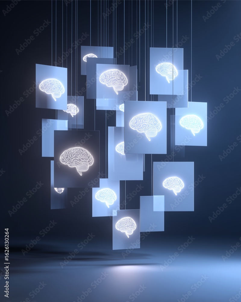 Poster brain network illustration: a cluster of luminous brain illustrations float, illuminated against a g