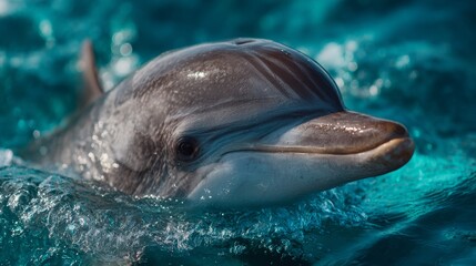 Dolphin's Gaze: A captivating, close-up portrayal of a dolphin gracefully gliding through clear, azure ocean waters. Showcasing the dolphin's intelligence and beauty