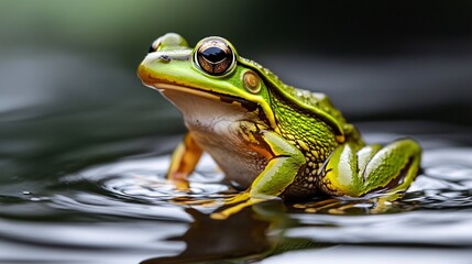 Obraz premium Vibrant Green Frog on Still Water Surface with Soft Ripples