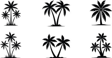 Collection of six distinct black palm tree silhouettes representing tropical island paradise and vacation destinations silhouette