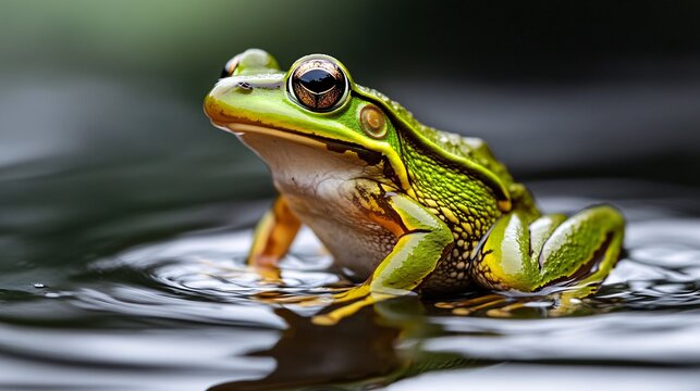 Vibrant Green Frog on Still Water Surface with Soft Ripples - Powered by Adobe