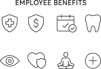 Employee Benefits Icon Set in Clean and Modern Vector Style
Includes Health Insurance, Retirement Plan, Paid Leave, Wellness, and More
Ideal for HR Portals, Business Apps, Presentations, and Corporate
