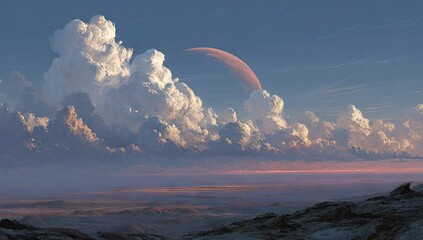 Vast alien landscape.  Clouds loom over a distant,  pinkish planet.  Sunrise or sunset hues paint the horizon.  Rocky terrain dominates foreground