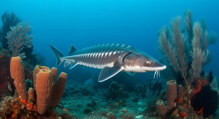 Fototapeta premium A majestic sturgeon gracefully glides through a vibrant underwater world, swimming over a colorful coral reef in the deep blue sea.