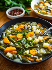 Green bean soup on wooden table	
