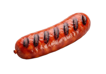 Perfectly grilled chorizo sausage with distinct char marks and glistening surface, on a clean transparent studio background, high-angle UHD shot, shadowless lighting. Culinary perfection concept