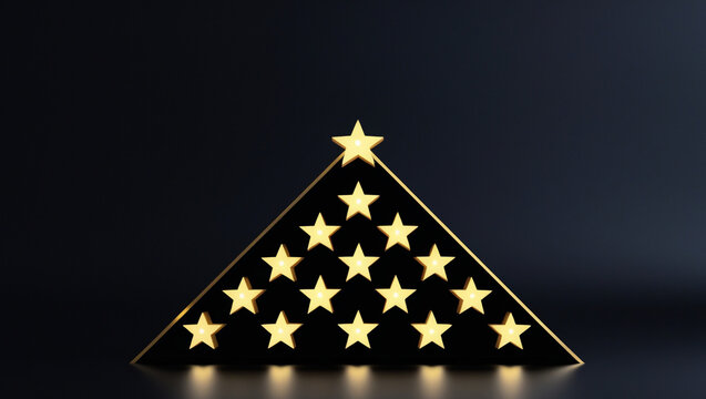 Golden stars arranged in a triangular shape on a dark background, creating a luxurious and elegant design for festive celebrations and premium events, with copy space for personalized messages