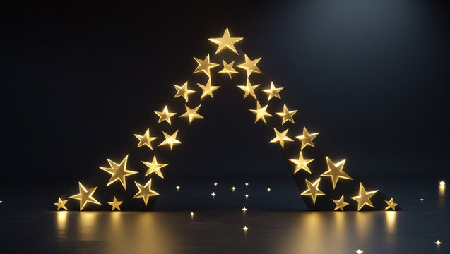 Golden stars arranged in a triangular shape on a dark background, creating a luxurious and elegant design for festive celebrations and premium events, with copy space for personalized messages - Powered by Adobe