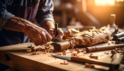 A skilled craftsman meticulously carves an ornate wooden sculpture with a chisel and mallet in a sunlit workshop.