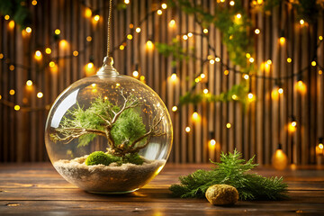 A miniature bonsai tree growing inside a glass terrarium globe ornament, illuminated by warm bokeh lights on a wooden table, creating a festive and natural holiday atmosphere