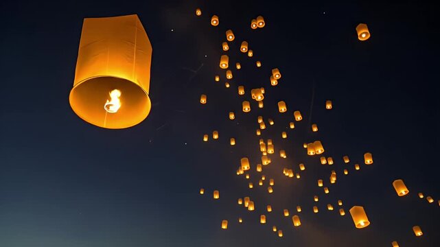 Many beautiful glowing sky lanterns flying in the night sky during a festival celebration