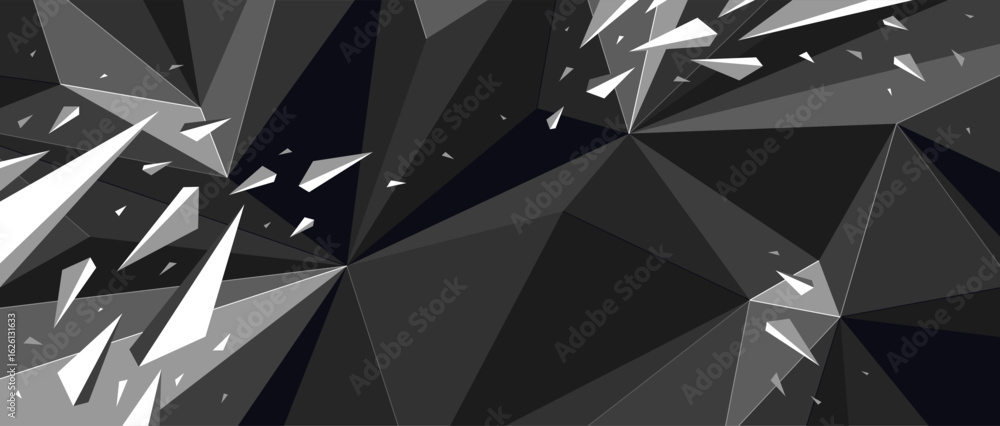 Poster low poly background with particles debris in motion vector design, 3d dynamic surface with debris ex