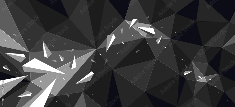 Poster low poly background with particles debris in motion vector design, 3d dynamic surface with debris ex