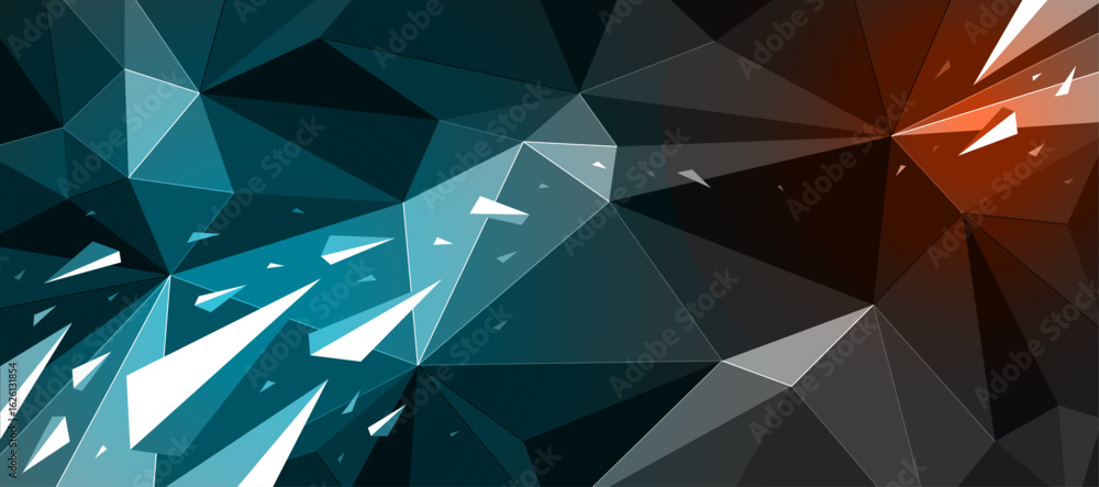 Poster dark black polygonal abstract background with color hot spotlights, 3d triangular surface and flying