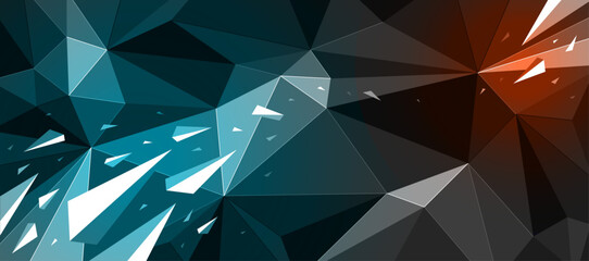 Dark black polygonal abstract background with color hot spotlights, 3D triangular surface and flying debris particles in motion, explosion force abstraction.