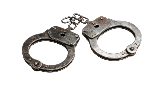 Old rusty metal handcuffs isolated transparency background 