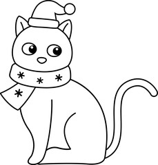 Christmas cat in santa hat outline Vector.
Cute festive cat children's coloring page.
Transparent background. svg.