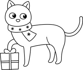 Holiday cat with Christmas gift box outline Vector.
Cute festive cat children's coloring page.
Transparent background. svg.