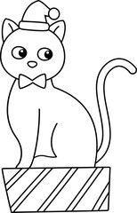 Holiday cat with Christmas gift box outline Vector.
Cute festive cat children's coloring page.
Transparent background. svg.