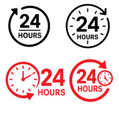 Red 24 Hours Clock Icons time round the clock