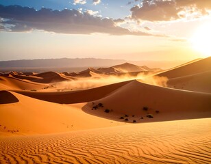 Sunset over vast, undulating sand dunes; wind whips sand across the desert landscape