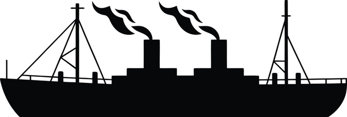 Classic steamship with multiple smokestacks emitting smoke in a stark black silhouette
