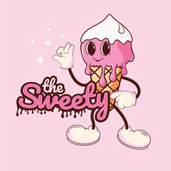 Cute cartoon ice cream character with "The Sweety" text on a pink background. Fun and playful dessert illustration for kids and summer designs.