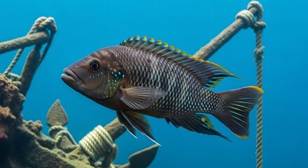 A colorful striped fish explores a submerged shipwreck anchor, showcasing a vibrant underwater ecosystem