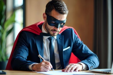 Attorney dons superhero attire while sealing business contract.