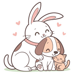 Adorable cartoon illustration of a white bunny a brown spotted puppy and a ginger kitten hugging each other affectionately isolated on white background