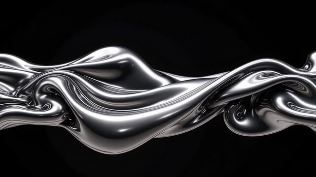 Dynamic liquid metal wave flows smoothly, reflecting light and creating mesmerizing abstract motion