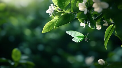 Naklejka premium Green Butterfly Among Fresh Blossoms and Lush Leaves in Nature