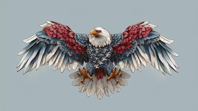 A stylized eagle in mid-flight with wings spread wide against a solid, light blue background