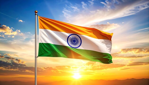 "Indian Independence Day flag waving at golden hour with Ashoka Chakra in focus"