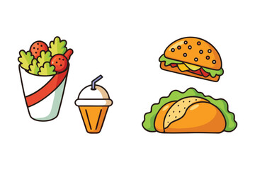 Collection of fast food items including a burger, taco, salad, and drink, all isolated on a white background