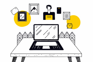 A modern and productive home office setup with a laptop on a desk, surrounded by floating icons of a person, smartphone, documents, and an alarm clock, representing concepts of remote work, personal
