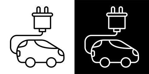 Electric Car and Plug Icon in Black and White Style